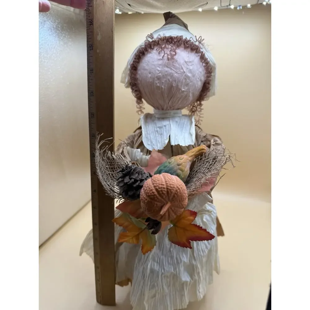 Handmade Crepe Paper Pilgrim Doll Harvest Thanksgiving Folk Art Soda Bottle 17”